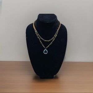 Vintage Monet Signed Multi-Strand Necklace with Clear Teardrop Pendant - Suede